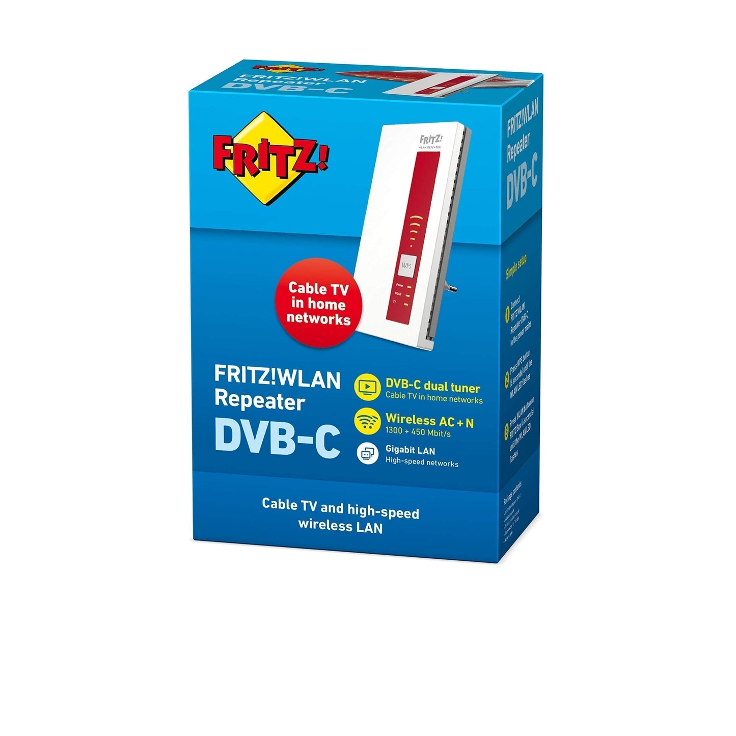 AVM FRITZ!WLAN Repeater DVB-C (Dual-Tuner für Kabel-TV (DVB-C), WLAN AC + N bis zu 1.300 MBit/s (5 GHz) + 450MBit/s (2,4 GHz)), weiß, deutschsprachige Version